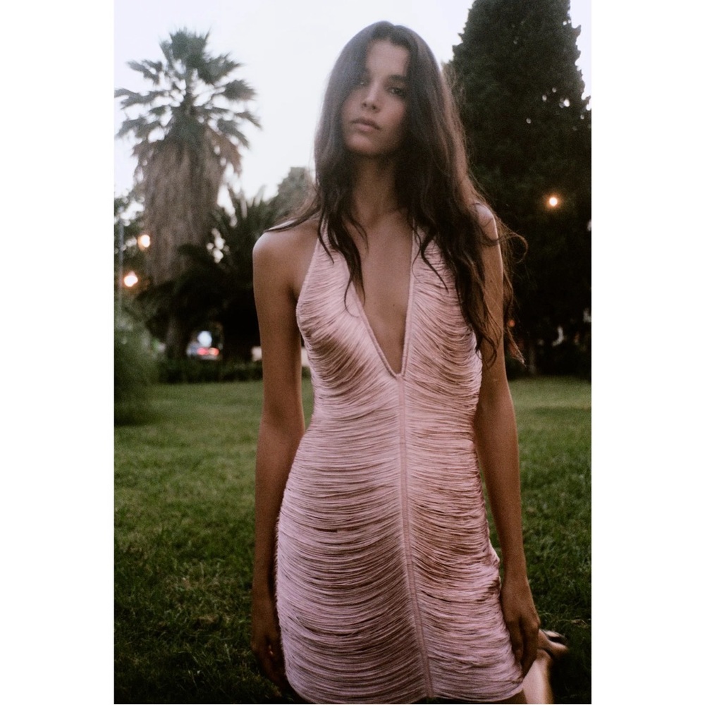 Zara FRINGED HALTER MINI DRESS